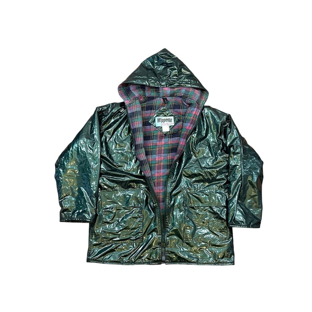 Vtg Wippette Rainthings Jacket Rain Coat Sz L Green Vinyl purple Plaid Lined
